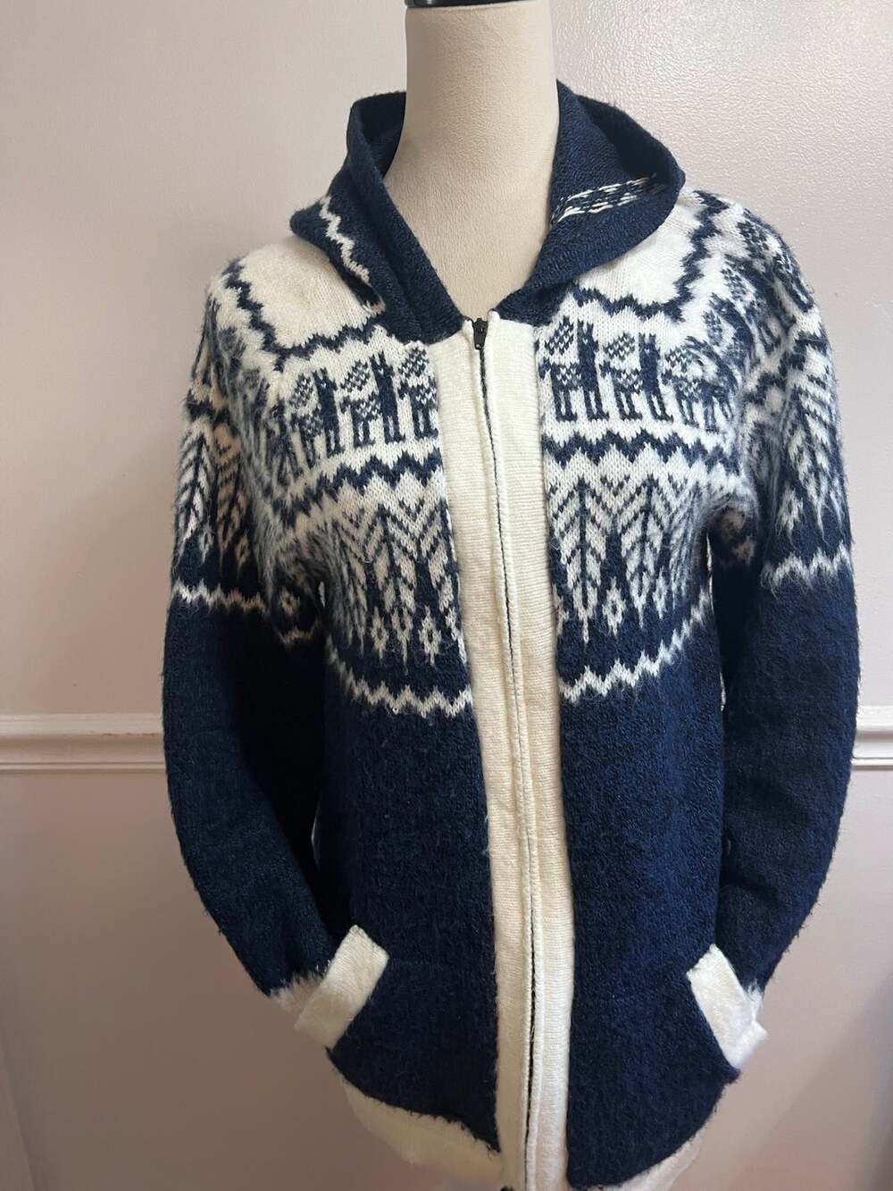 Vintage Peruvian Artisan Alpaca Blend Knit Jacket Full Zip Llama Hoodie Navy S